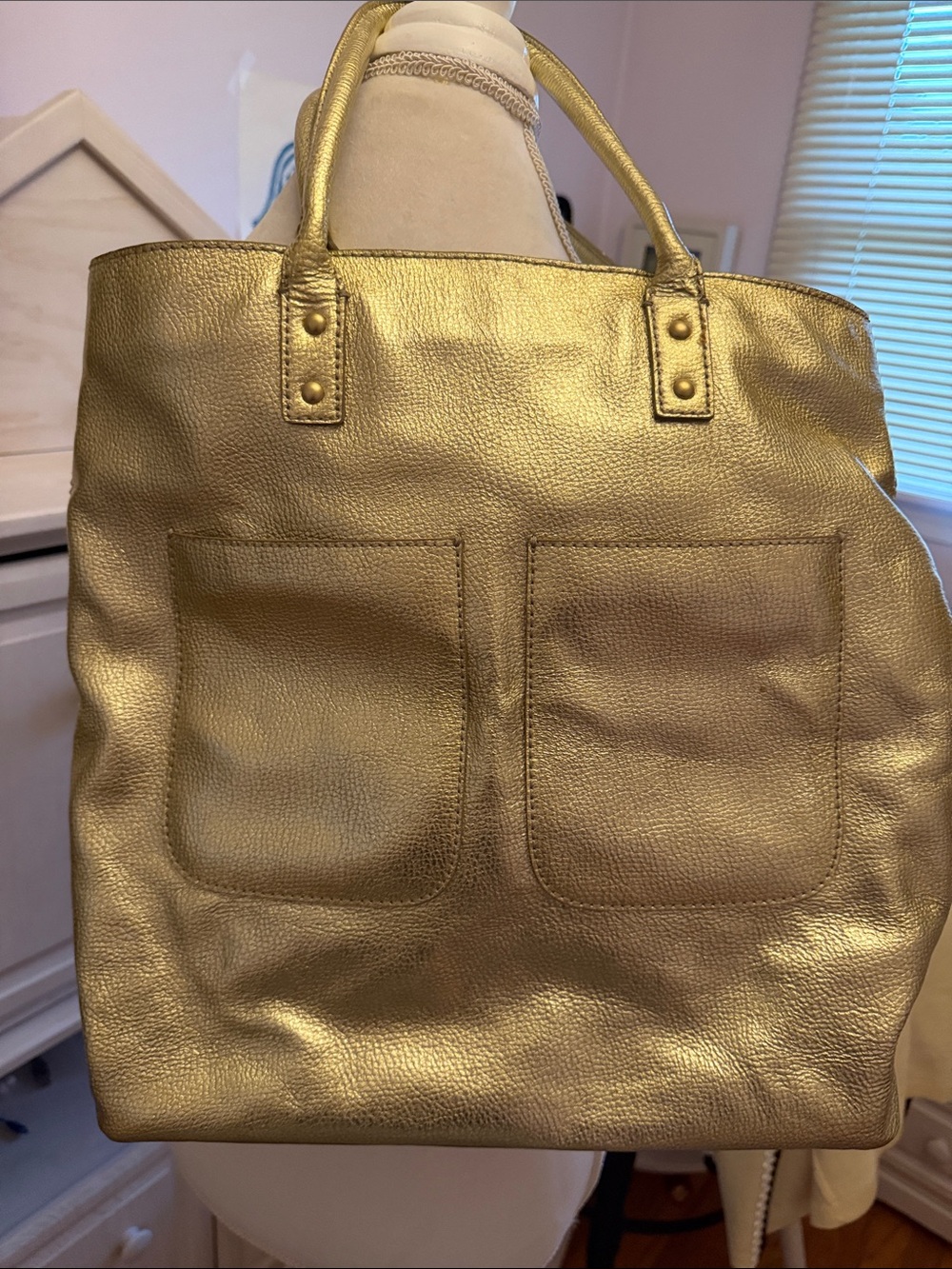 J. Crew Metallic Gold Peppled Leather Tote with Front Patch Pockets